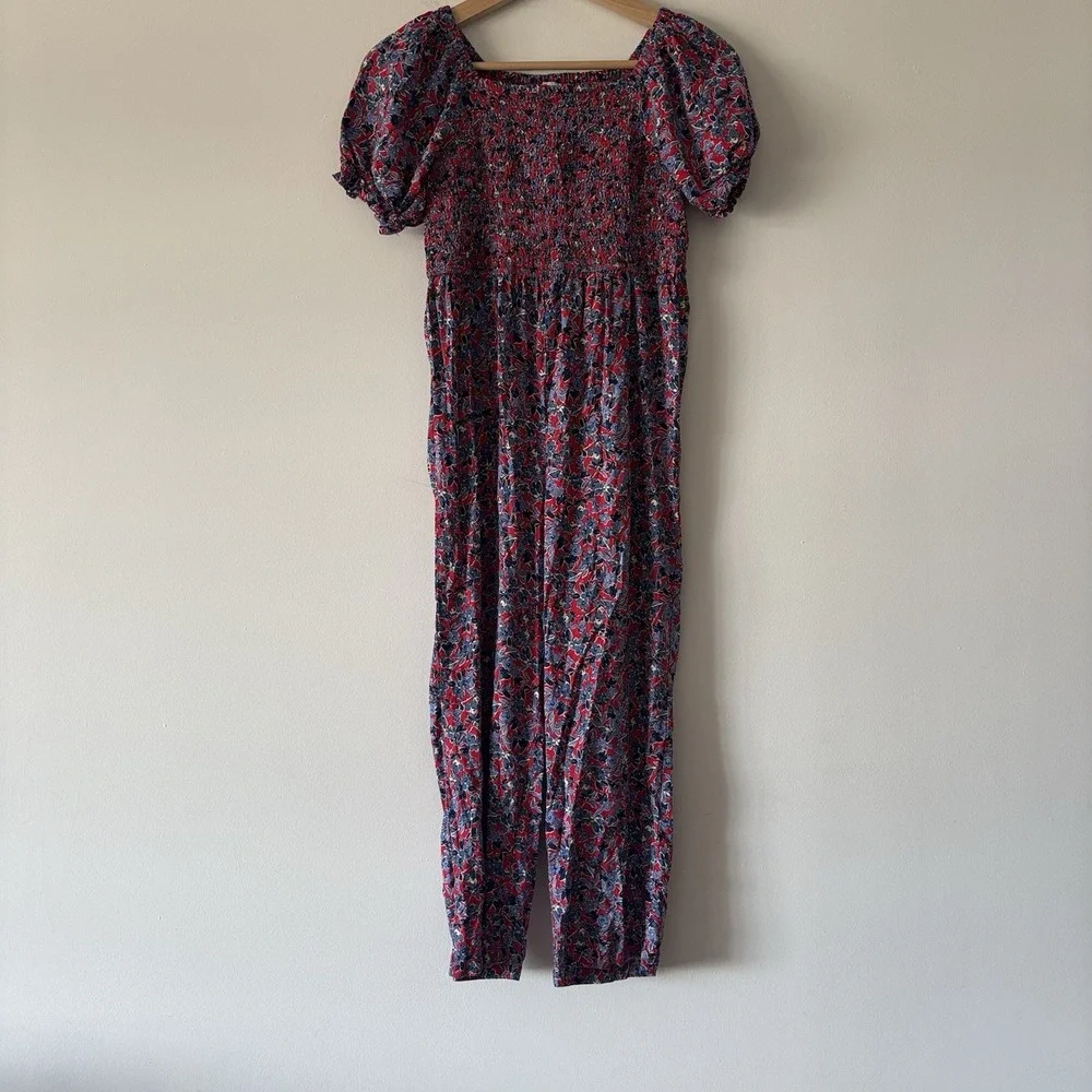 Crewcuts Girls 10 Red Blue Floral Jumpsuit Puff Sleeve Smocked Preppy‎ School